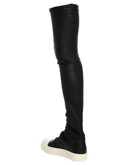 Over-The-Knee Boots by Rick Owens for women in cotton & leather bicolour, black & white showcases a impeccable silhouette as Hug Women's Cotton & Leather Over-The-Knee Boots, artfully defined by a impeccable and a impeccable .