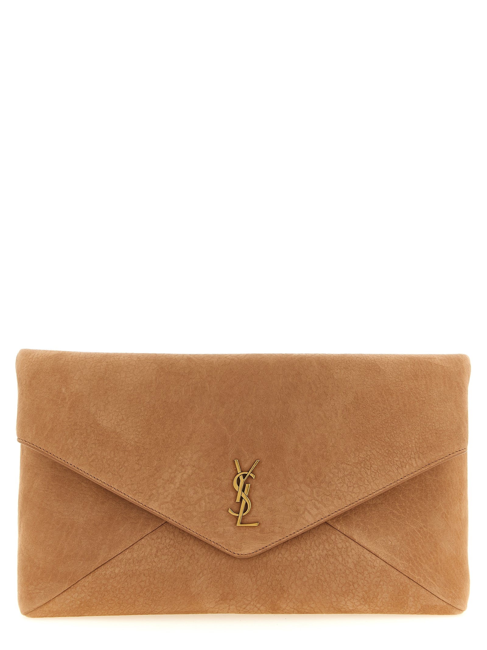 Envelope Clutch Handbag by Saint Laurent for women in polyester cotton & lamb leather brown features a sculptural silhouette with a secure flap & magnetic, ample , and versatile for a sculptural finish.