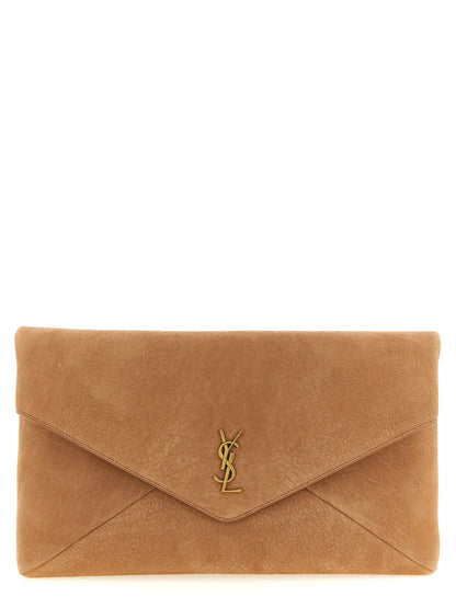 Envelope Clutch Handbag by Saint Laurent for women in polyester cotton & lamb leather brown features a sculptural silhouette with a secure flap & magnetic, ample , and versatile for a sculptural finish.