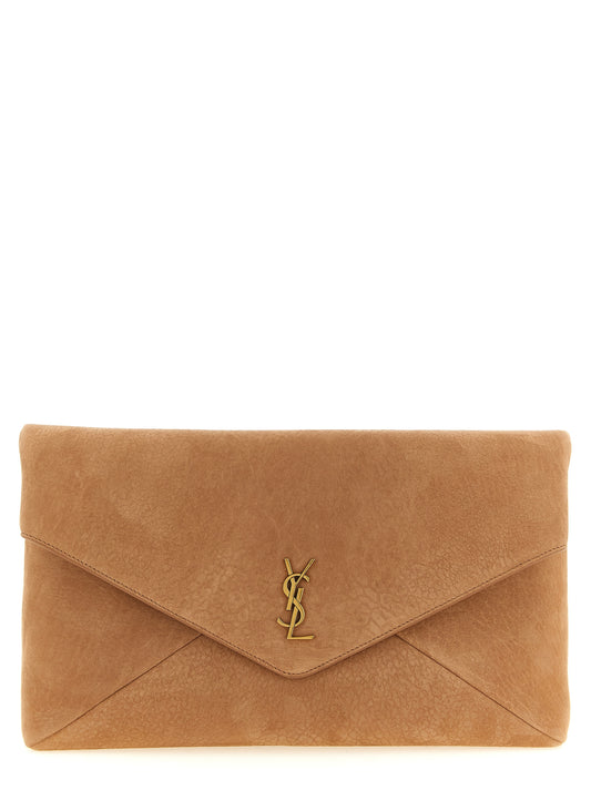 Envelope Clutch Handbag by Saint Laurent for women in polyester cotton & lamb leather brown features a sculptural silhouette with a secure flap & magnetic, ample , and versatile for a sculptural finish.