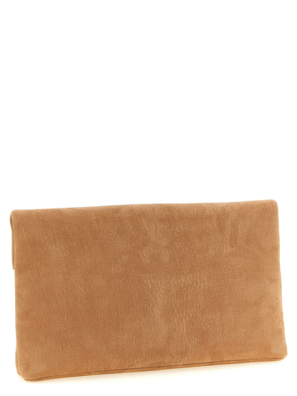 Envelope Clutch Handbag by Saint Laurent for women in polyester cotton & lamb leather brown showcases a sculptural silhouette, featuring a secure flap & magnetic, ample , and versatile for a sculptural finish.