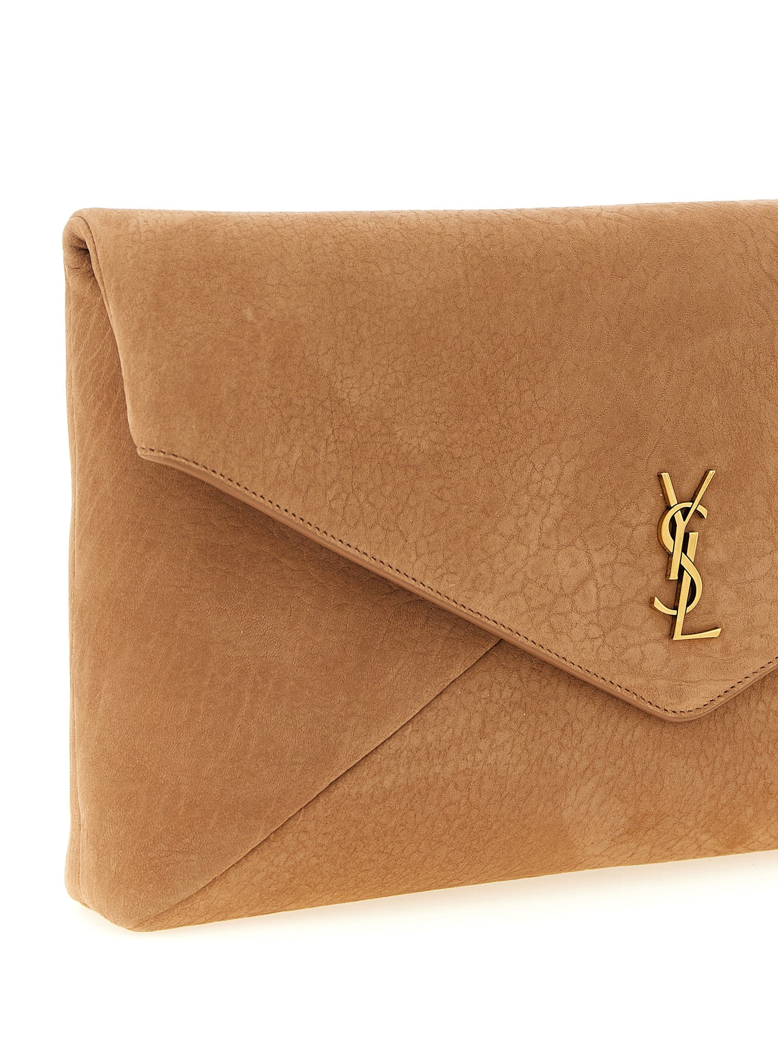 Envelope Clutch Handbag by Saint Laurent for women in polyester cotton & lamb leather brown showcases a sculptural silhouette, featuring a secure flap & magnetic, ample , and versatile for a sculptural aesthetic.
