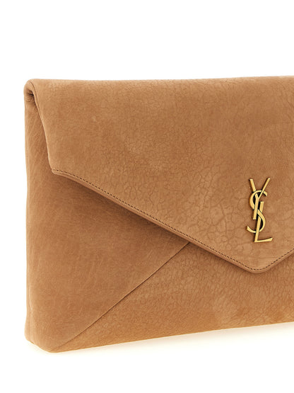 Envelope Clutch Handbag by Saint Laurent for women in polyester cotton & lamb leather brown showcases a sculptural silhouette, featuring a secure flap & magnetic, ample , and versatile for a sculptural aesthetic.