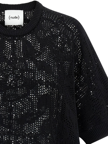 Cardigan by NUDE for women in cotton black & nude features an impeccable silhouette, showcasing a sophisticated crew asymmetric neckline and detail for a truly impeccable finish.