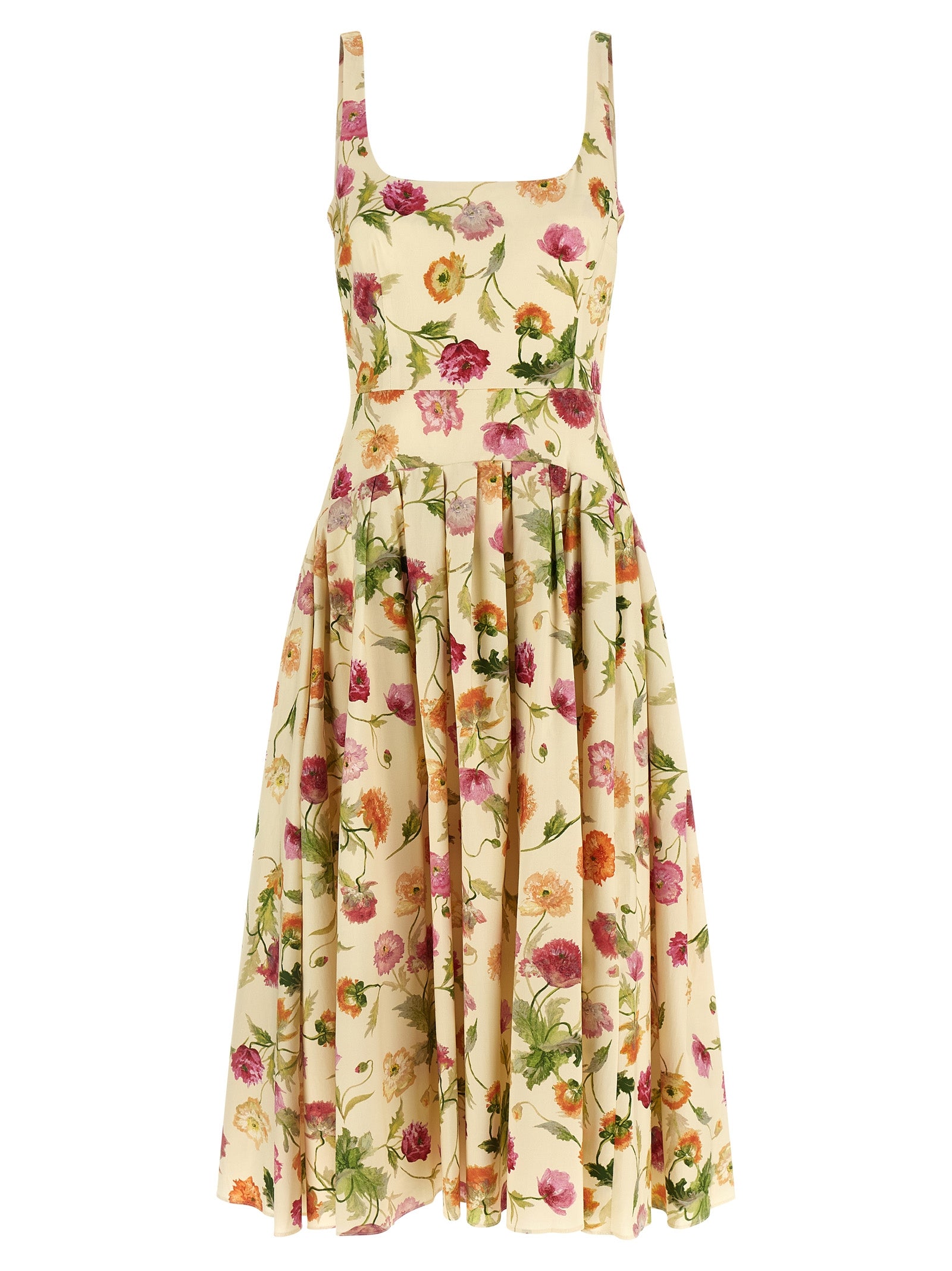 Dress by Carolina Herrera for women in stretch cotton beige, patterned & floral features a dramatic silhouette, showcasing an elegant square neckline and sleeveless that flows into a dramatic midi.