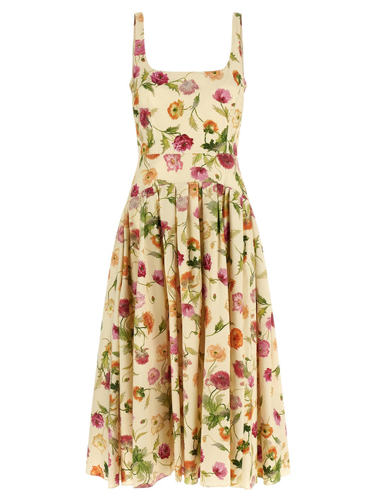 Dress by Carolina Herrera for women in stretch cotton beige, patterned & floral features a dramatic silhouette, showcasing an elegant square neckline and sleeveless that flows into a dramatic midi.