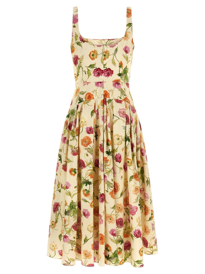 Dress by Carolina Herrera for women in stretch cotton beige, patterned & floral showcases a striking silhouette, elegantly detailed with a , refined square neckline, and a striking midi for a striking finish.