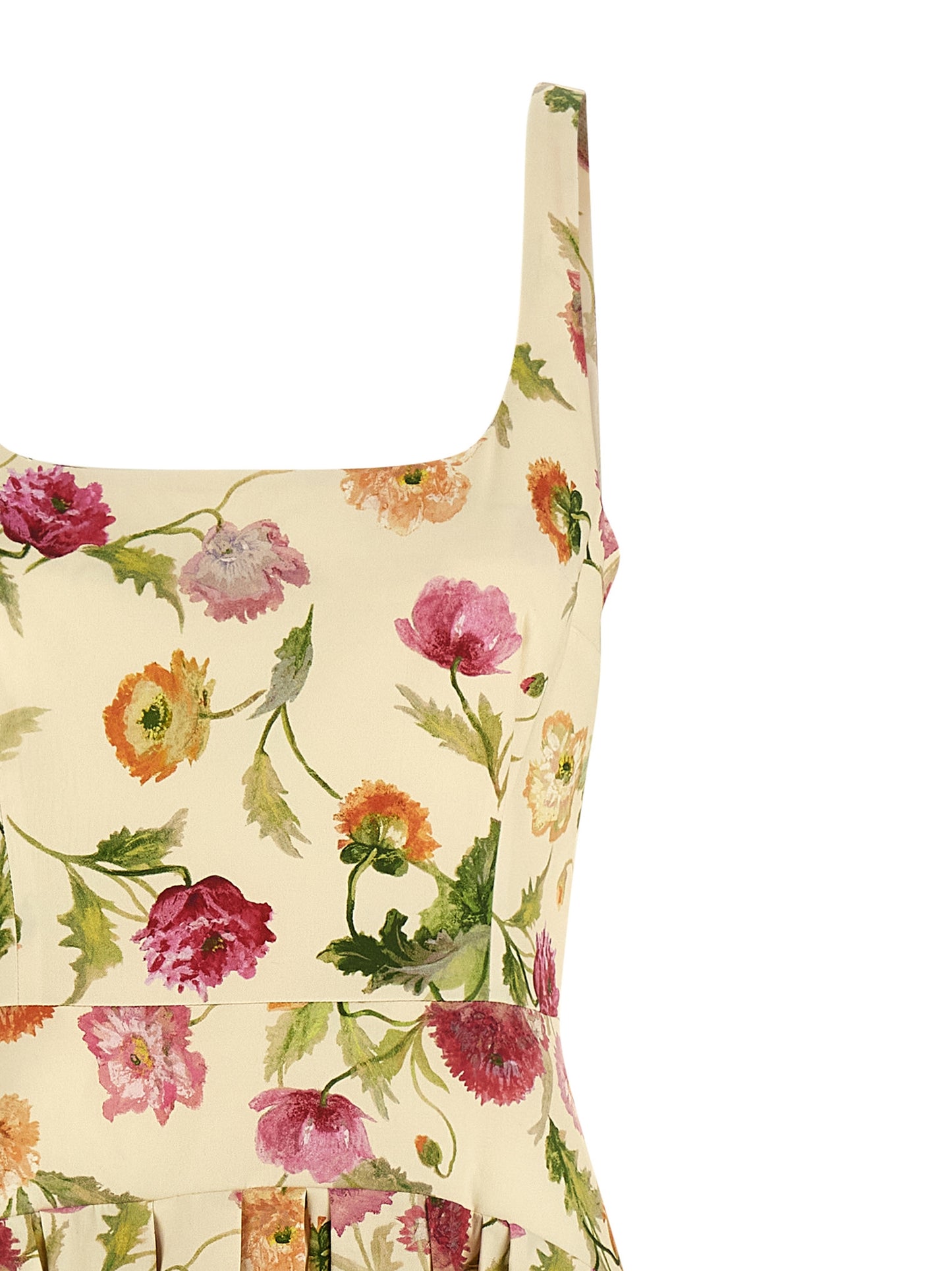 Dress by Carolina Herrera for women in stretch cotton beige, patterned & floral features a dramatic silhouette, showcasing an elegant square neckline and that flows into a dramatic midi.