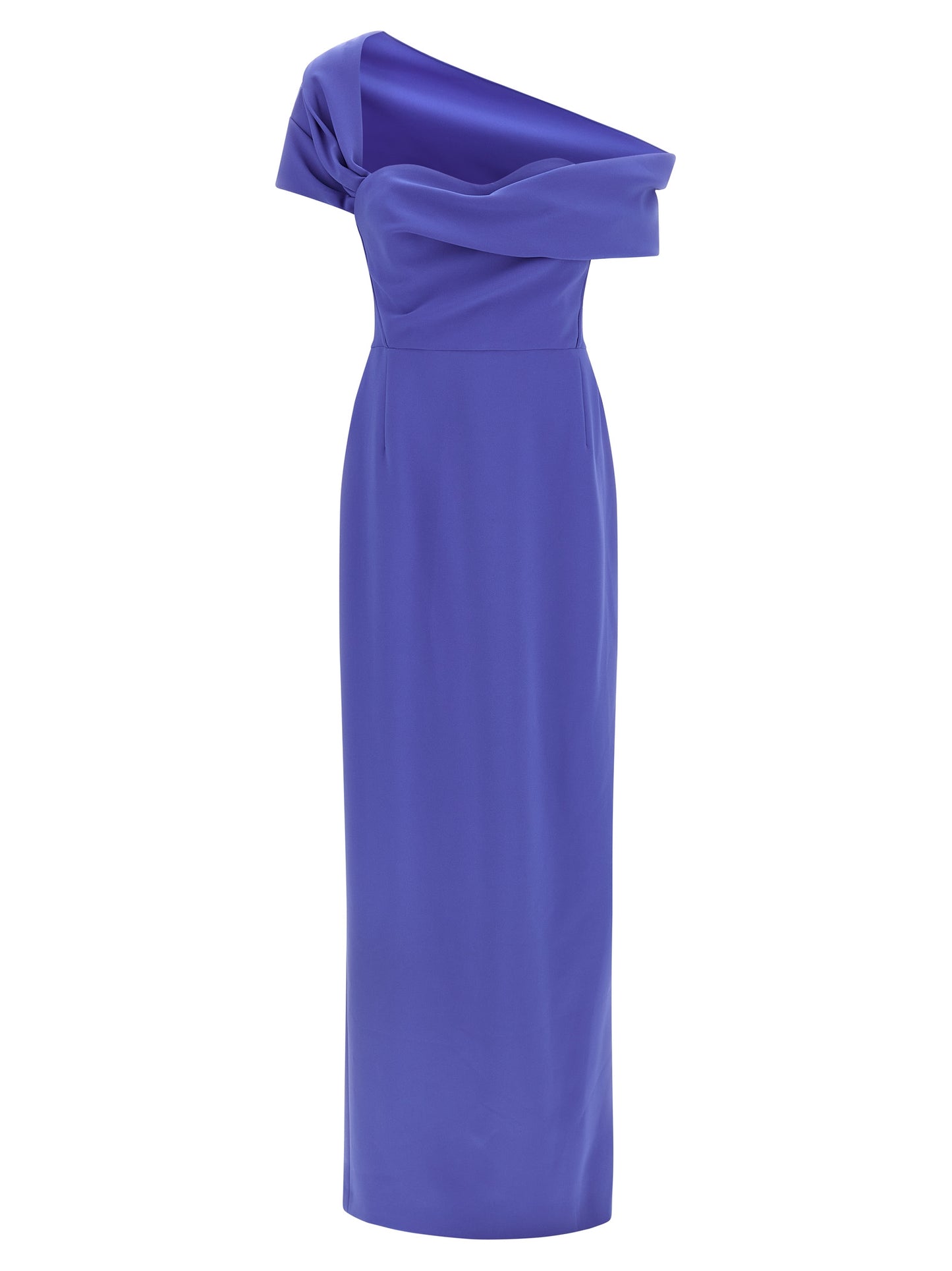 Dress by Carolina Herrera for women in polyester & polyurethane blue features a dramatic silhouette, showcasing an elegant split neckline and sleeveless that flows into a dramatic maxi long.