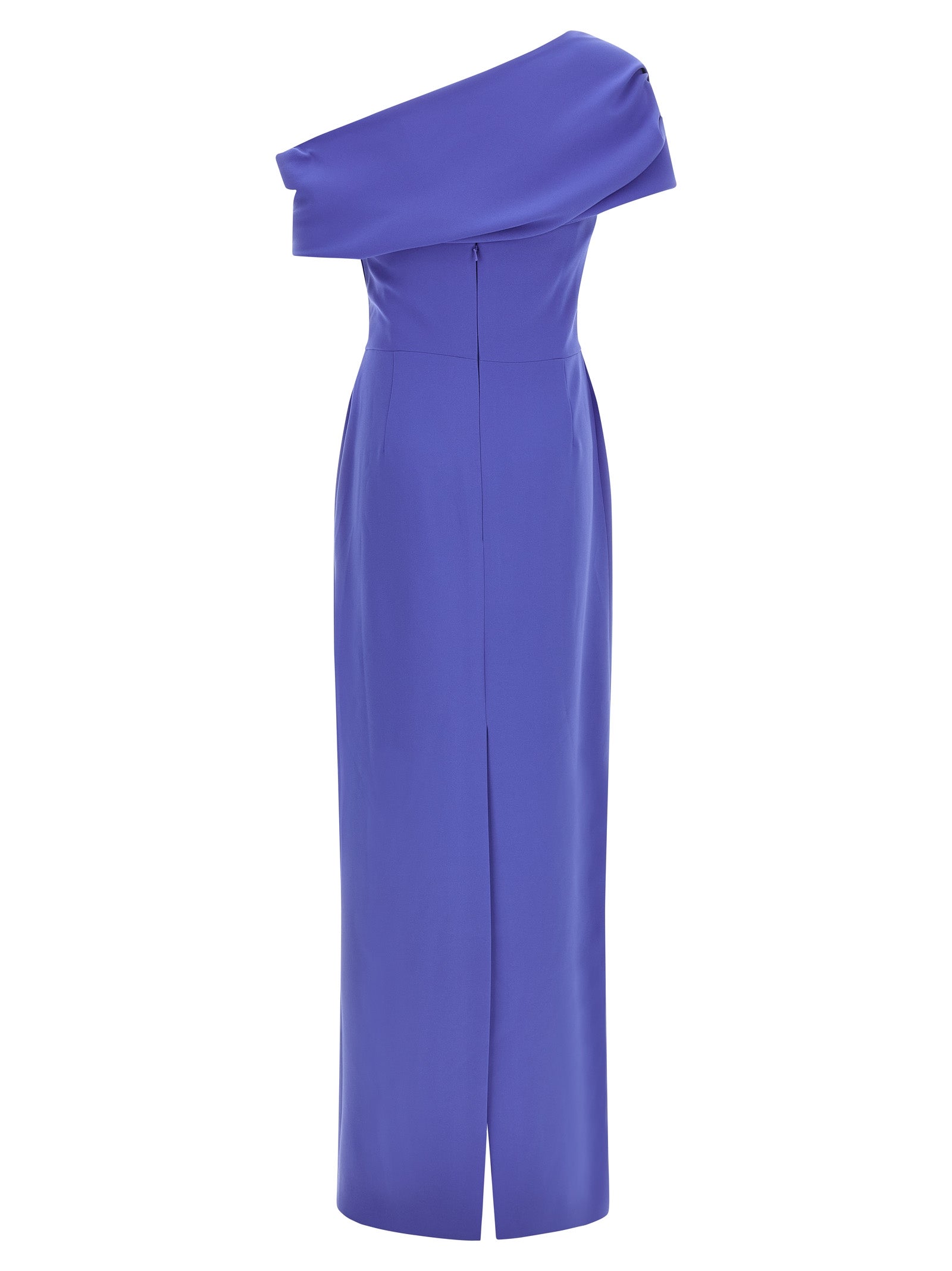 Dress by Carolina Herrera for women in polyester & polyurethane blue features an sultry silhouette defined by a split neckline and , falling to an sultry maxi long for a sultry look.