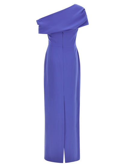 Dress by Carolina Herrera for women in polyester & polyurethane blue features an sultry silhouette defined by a split neckline and , falling to an sultry maxi long for a sultry look.