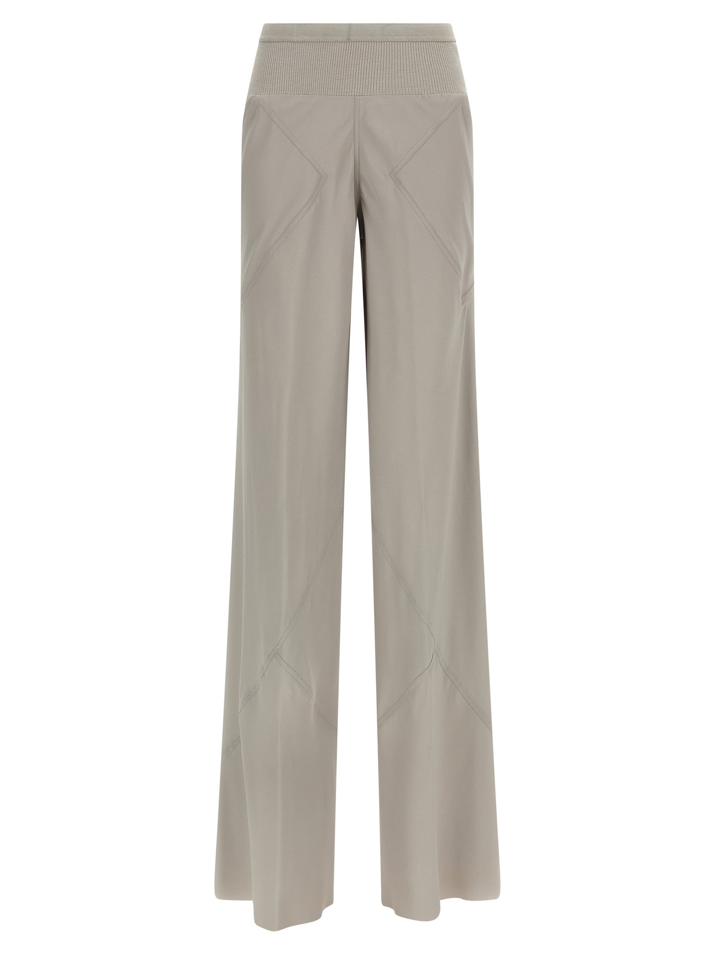 Trousers by Rick Owens for women in silk & acetate gray presents a perennial silhouette, meticulously tailored with a flared & wide cut, long finish, and an elegant .