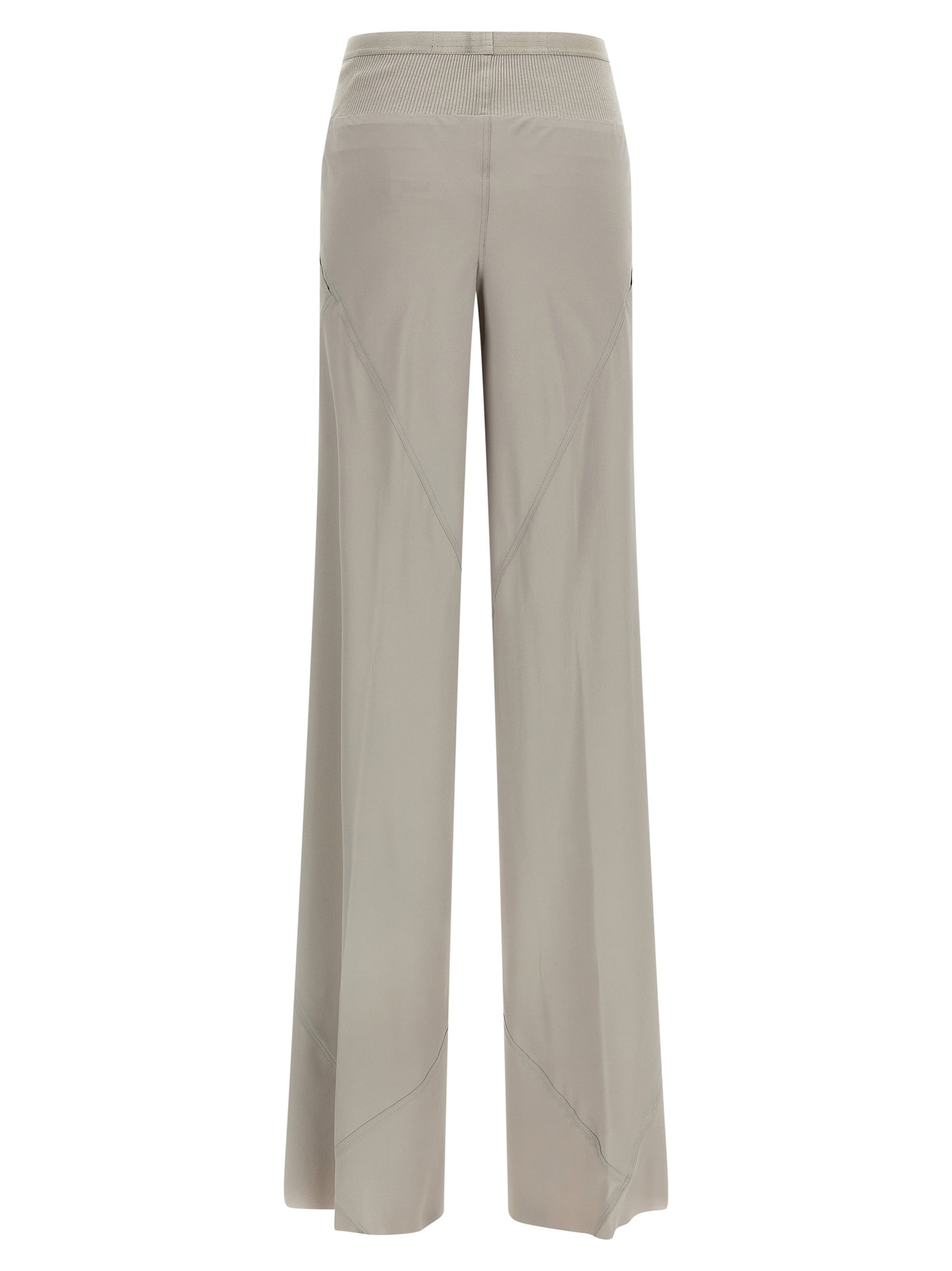 Trousers by Rick Owens for women in silk & acetate gray features an sartorial silhouette, showcasing a precise flared & wide and long with a sartorial for a refined look.