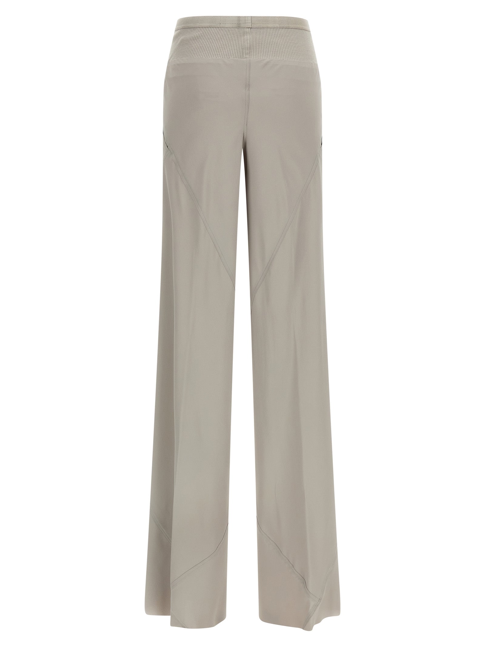 Trousers by Rick Owens for women in silk & acetate gray features an sartorial silhouette, showcasing a precise flared & wide and long with a sartorial for a refined look.