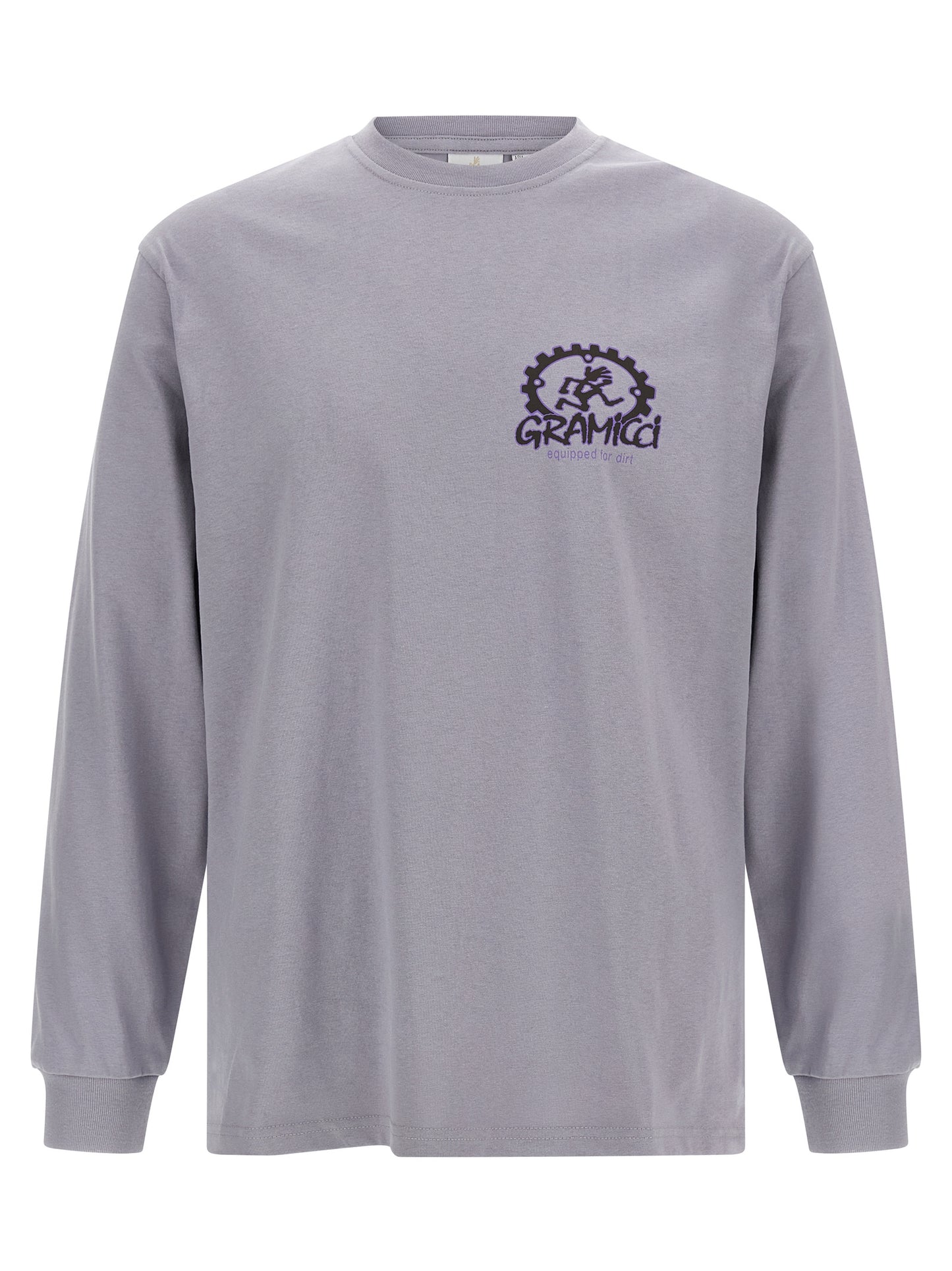Activewear T-Shirt by Gramicci for men in cotton purple & print presents a kinetic silhouette, showcasing the kinetic long-sleeve and crew neckline alongside functional for a premium, athletic look.