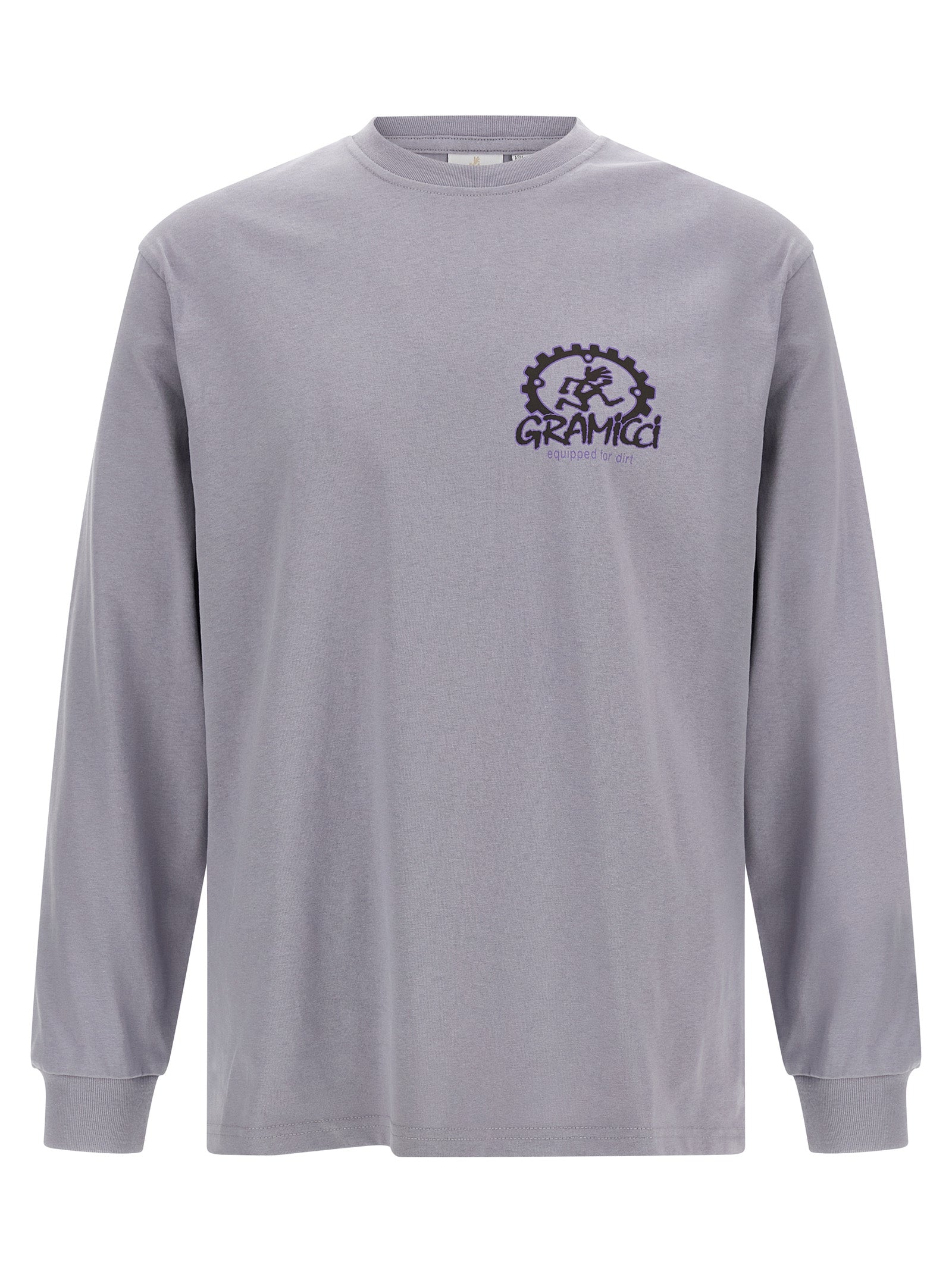 Activewear T-Shirt by Gramicci for men in cotton purple & print presents a kinetic silhouette, showcasing the kinetic long-sleeve and crew neckline alongside functional for a premium, athletic look.