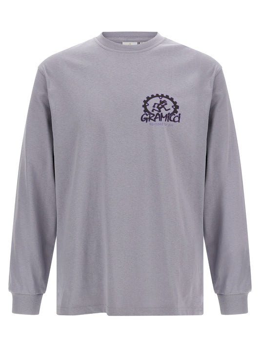 Activewear T-Shirt by Gramicci for men in cotton purple & print presents a kinetic silhouette, showcasing the kinetic long-sleeve and crew neckline alongside functional for a premium, athletic look.