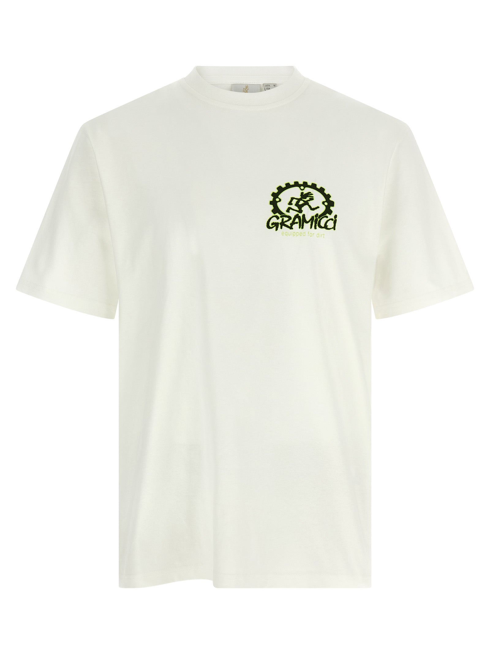 Activewear T-Shirt by Gramicci for men in cotton white & print features an ergonomic design with , highlighting a ergonomic short-sleeve length and ergonomic crew neckline for a high-performance look.