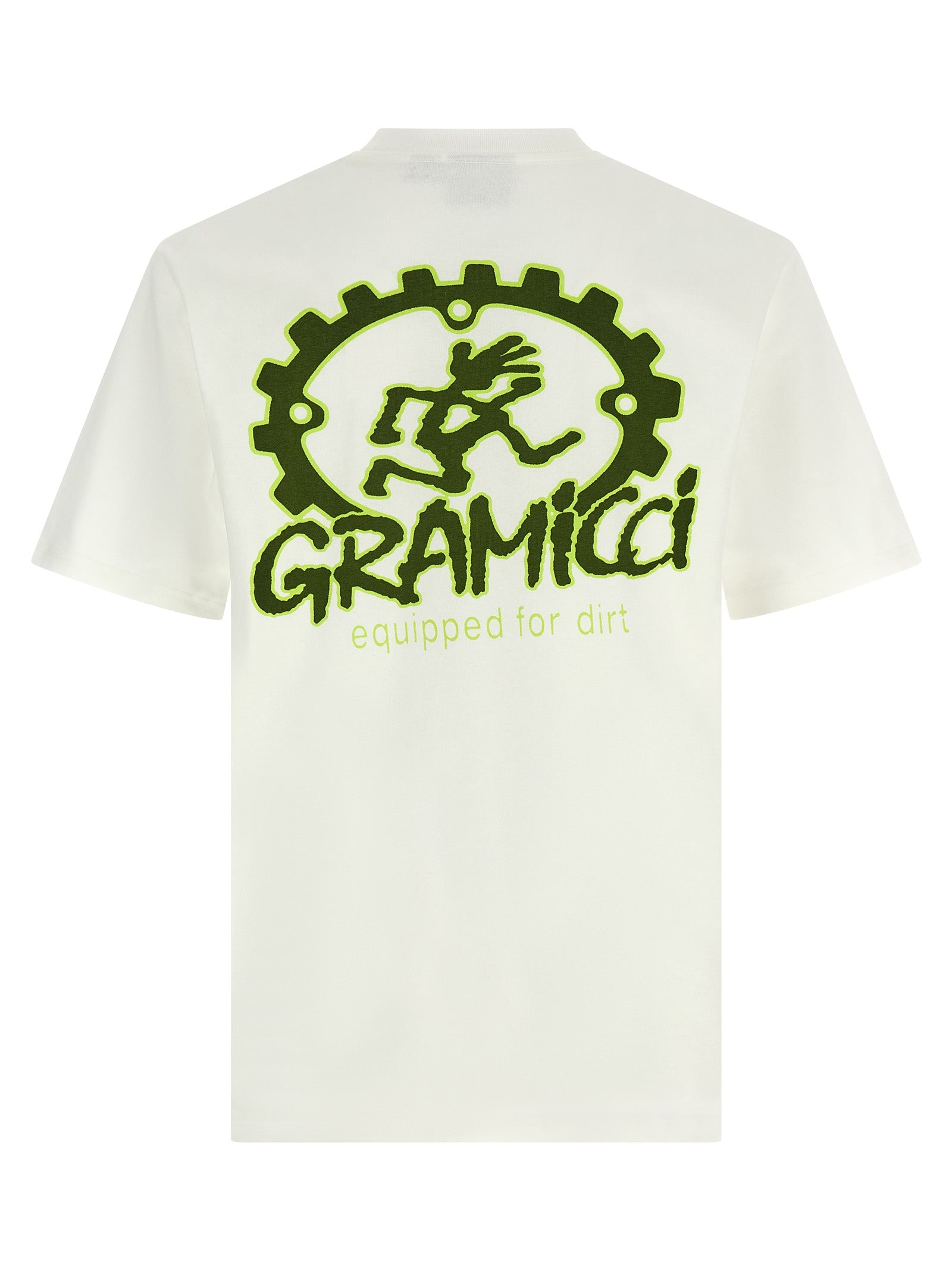 Activewear T-Shirt by Gramicci for men in cotton white & print presents a kinetic silhouette, showcasing the kinetic and crew neckline alongside functional for a premium, athletic look.
