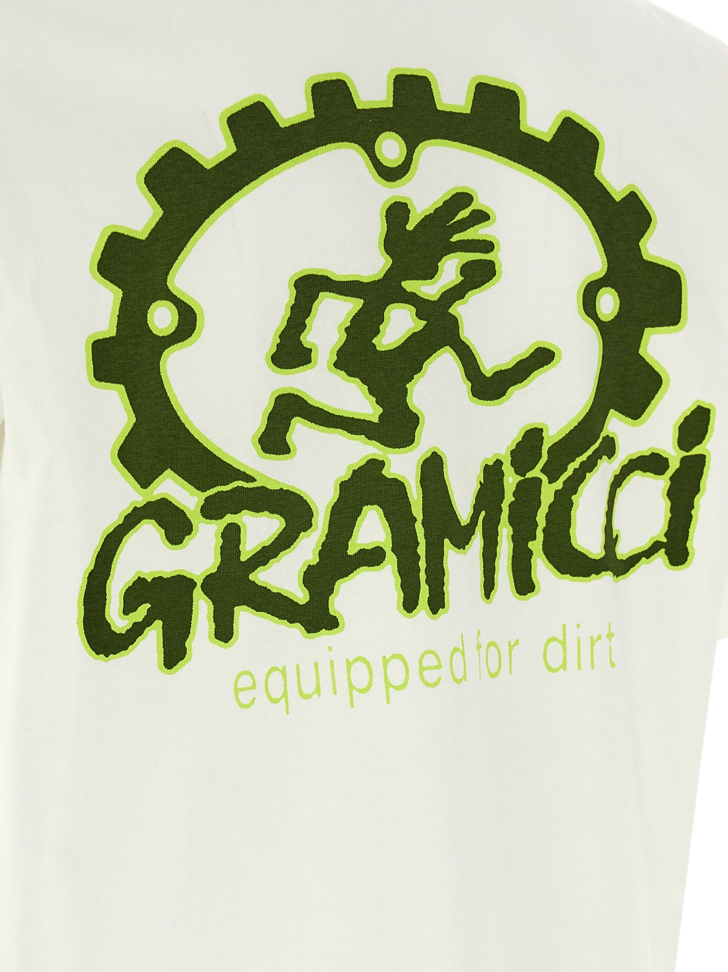 Activewear T-Shirt by Gramicci for men in cotton white & print features an athletic silhouette with sleeves and a neckline, enhanced by high-performance .