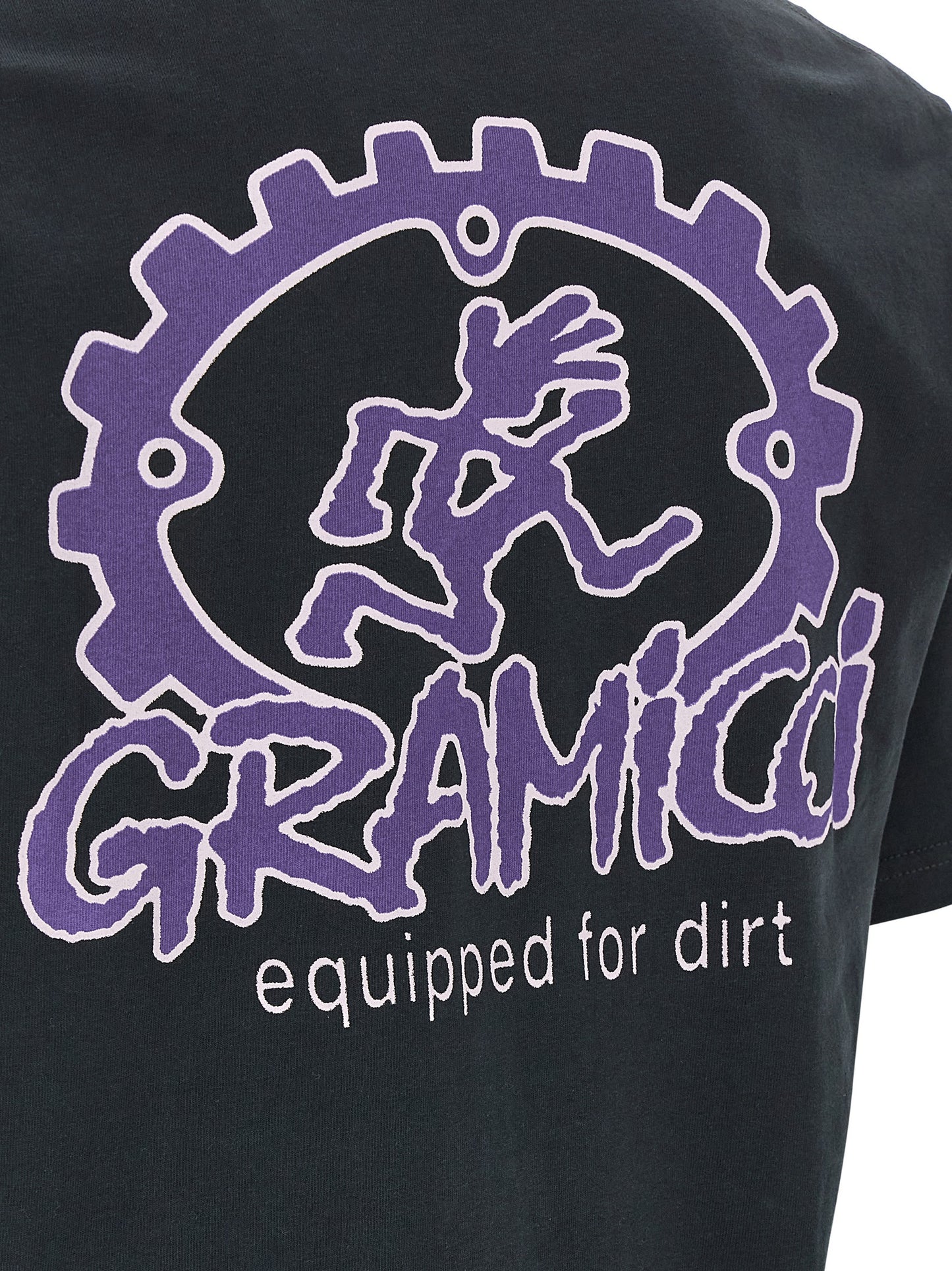 Activewear T-Shirt by Gramicci for men in cotton black & print presents a kinetic silhouette, showcasing the kinetic and alongside functional for a premium, athletic look.