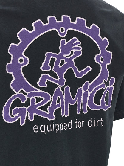 Activewear T-Shirt by Gramicci for men in cotton black & print presents a kinetic silhouette, showcasing the kinetic and alongside functional for a premium, athletic look.