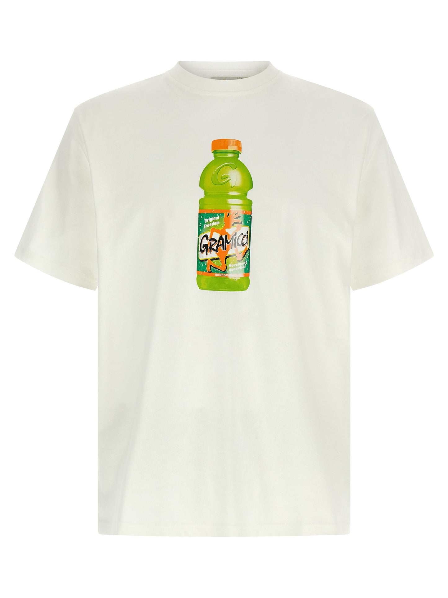 T-Shirt by Gramicci for men in cotton white & print showcases a fashionable silhouette, elegantly detailed with a fashionable and crew neckline for a sophisticated, high-fashion look.