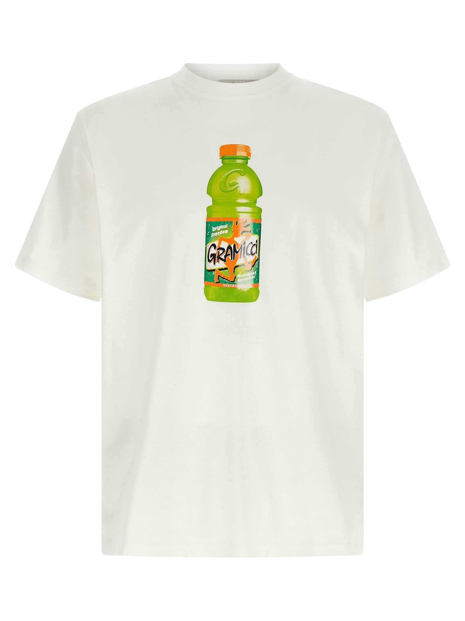 T-Shirt by Gramicci for men in cotton white & print showcases a fashionable silhouette, elegantly detailed with a fashionable and crew neckline for a sophisticated, high-fashion look.