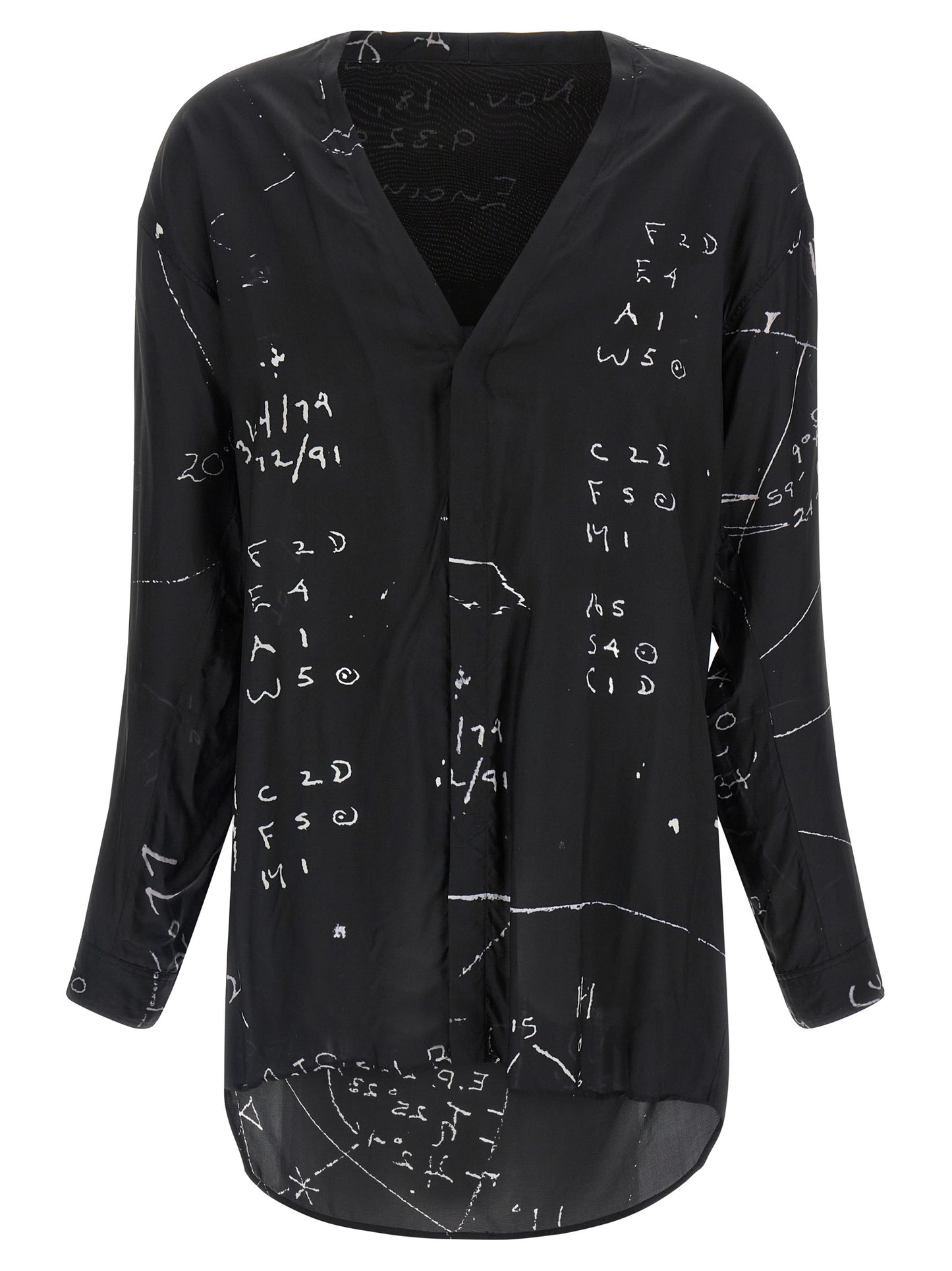 Shirt by Rick Owens for men in viscose & cupro black & patterned showcases a sharp silhouette, elegantly detailed with a sharp v-neck neckline and sharp long-sleeve.