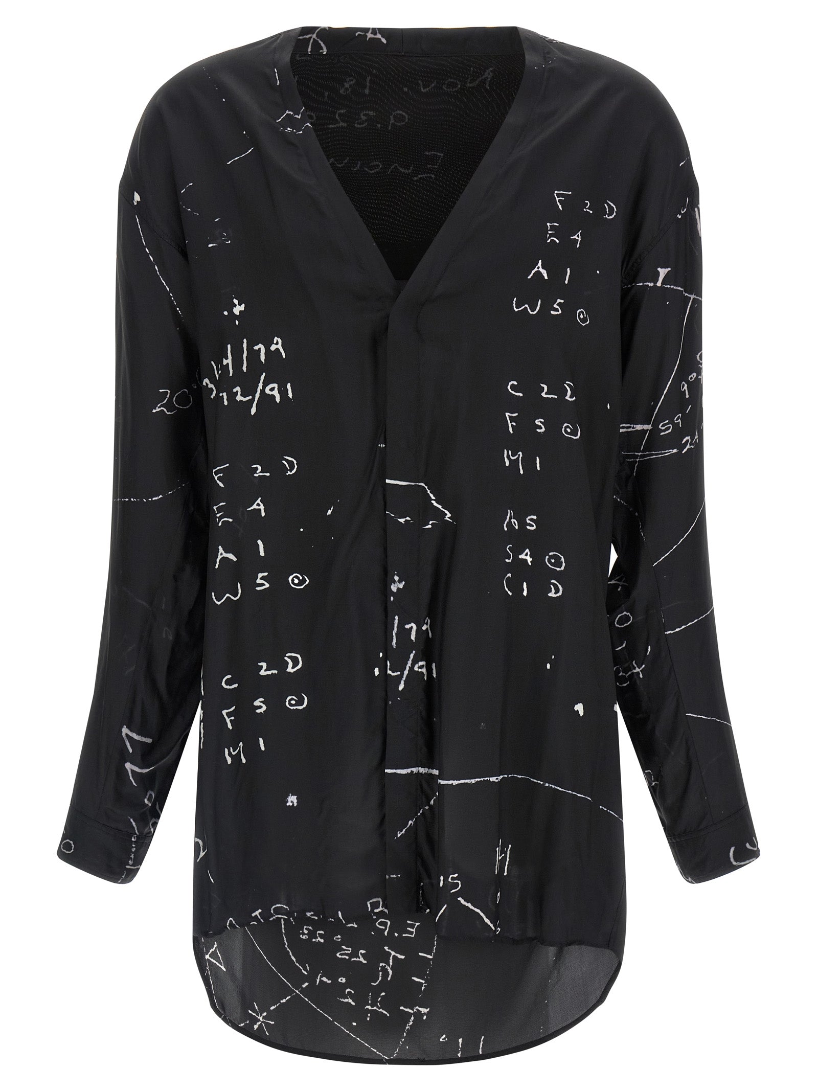 Shirt by Rick Owens for men in viscose & cupro black & patterned showcases a sharp silhouette, elegantly detailed with a sharp v-neck neckline and sharp long-sleeve.
