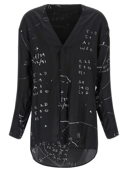 Shirt by Rick Owens for men in viscose & cupro black & patterned showcases a sharp silhouette, elegantly detailed with a sharp v-neck neckline and sharp long-sleeve.