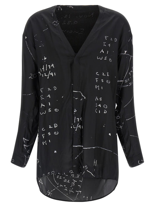 Shirt by Rick Owens for men in viscose & cupro black & patterned showcases a sharp silhouette, elegantly detailed with a sharp v-neck neckline and sharp long-sleeve.