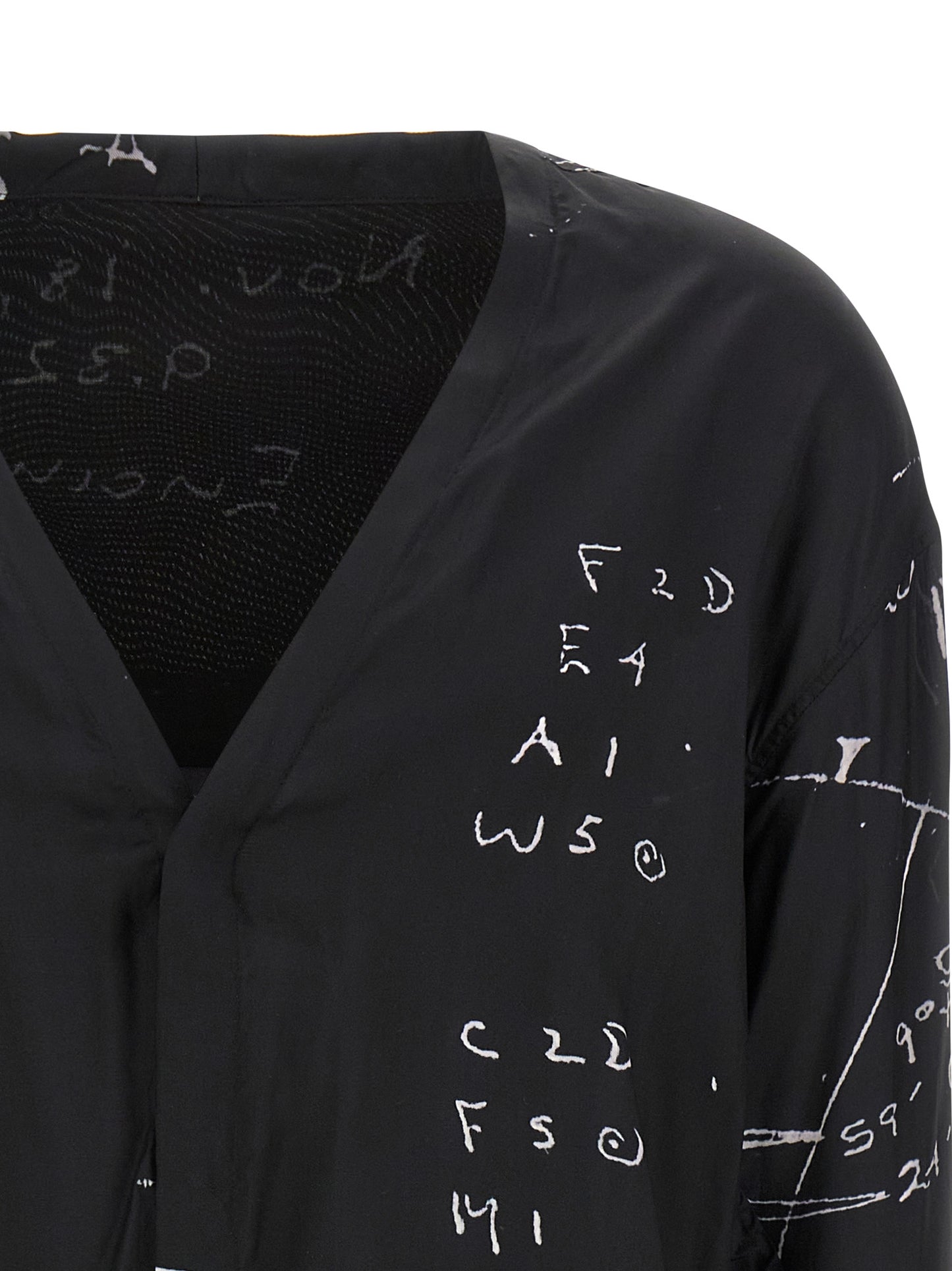 Shirt by Rick Owens for men in viscose & cupro black & patterned showcases a sleek silhouette, elegantly detailed with a sleek v-neck neckline and for a sleek finish.