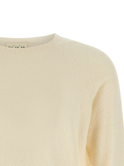 Cardigan by MA'RY'YA for men in polyamide modacrylic & cotton beige presents a textural silhouette, artfully finished with a textural boat neckline and for a sophisticated, textural look.