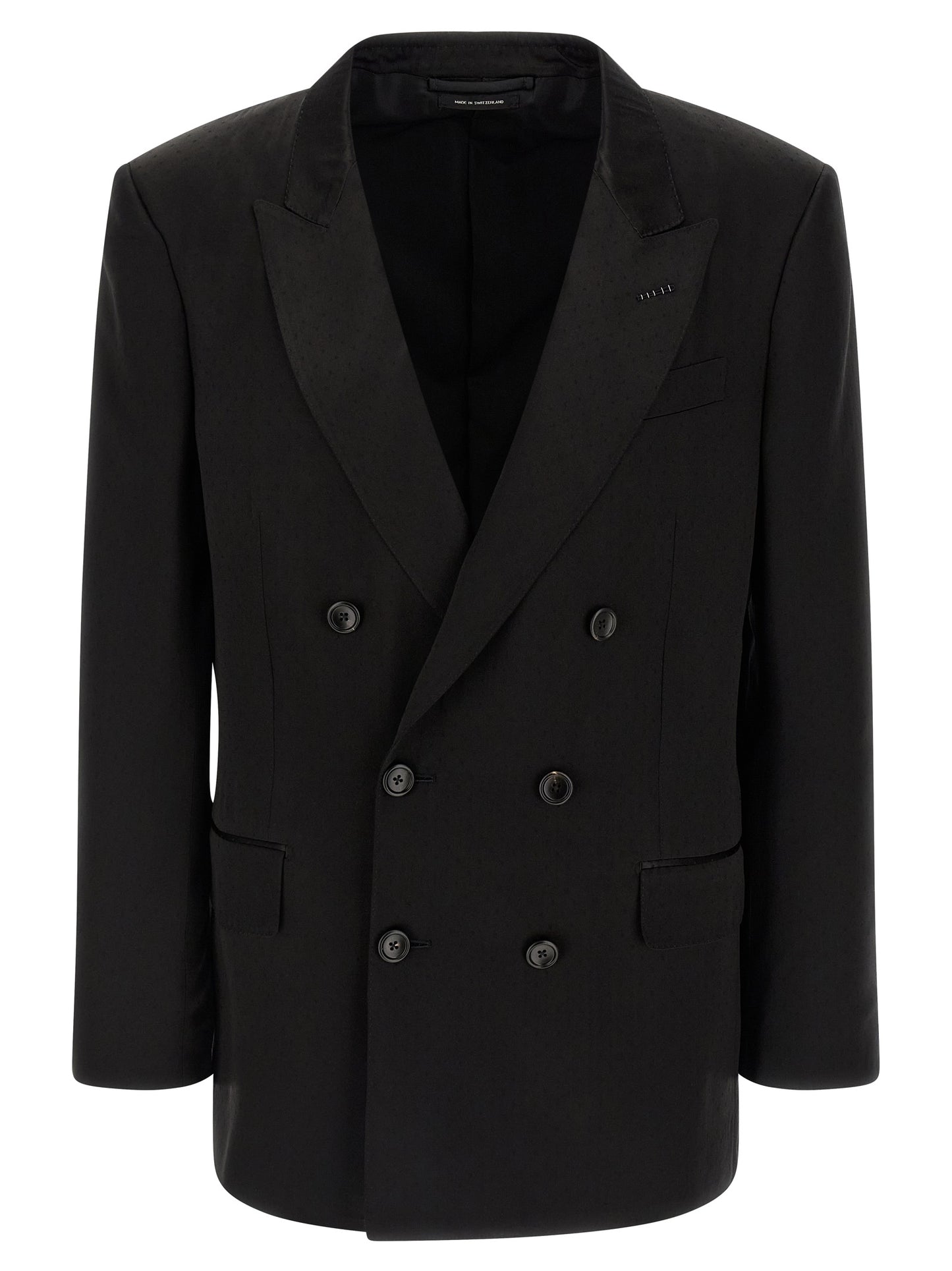 Blazer by Tom Ford for men in viscose silk & cupro black, horn & patterned showcases a polished silhouette, highlighted by a refined and polished for a sophisticated finish.