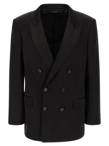 Blazer by Tom Ford for men in viscose silk & cupro black, horn & patterned showcases a polished silhouette, highlighted by a refined and polished for a sophisticated finish.