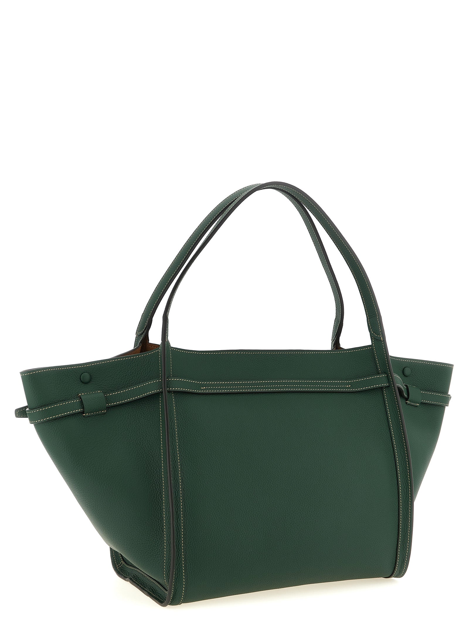 Medium Shopper Tote Bag by Tod's for women in bos taurus calf suede leather bicolour & green features an jet-set-ready silhouette, showcasing the T Timeless Tim Bos Taurus Calf Suede Leather Medium Shopper Tote Bag design with a secure buckle, ample , and versatile adjustable-strap, belt-strap & handle.