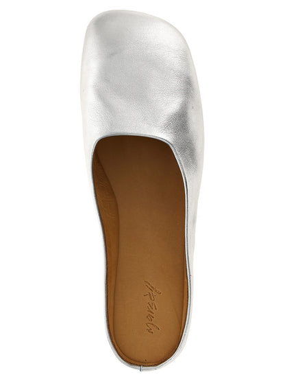 Mules Flat Shoes by Marsell for women in calfskin leather silver presents a effortless chic silhouette, showcasing the Women's Calfskin Leather Mules Flat Shoes design with a effortless chic and square toe style for a sophisticated look.