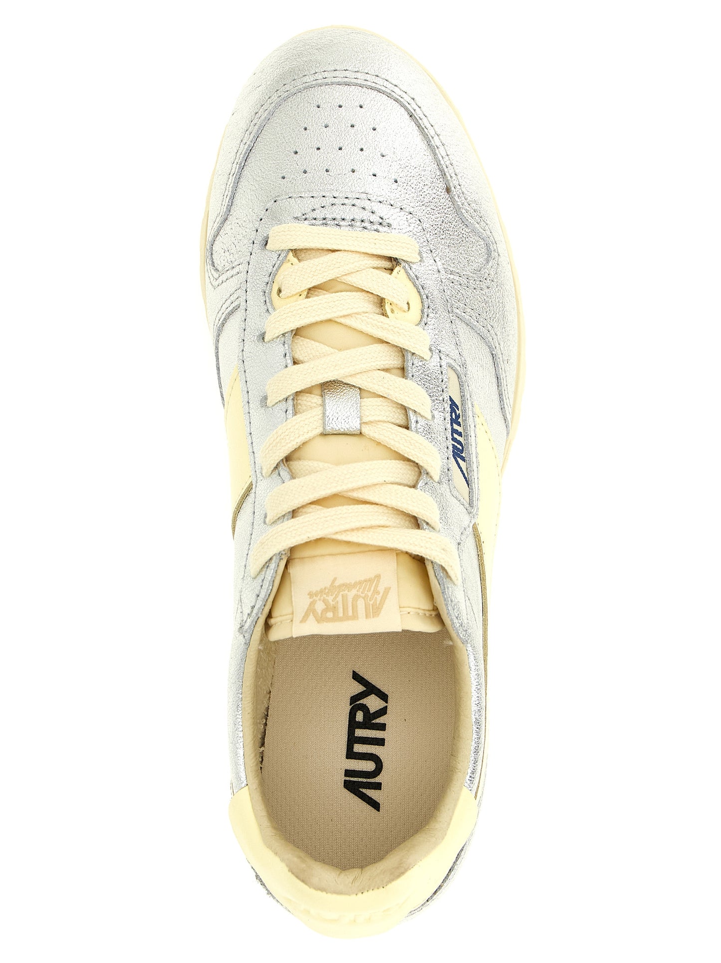 Sneakers by Autry for women in nylon cotton terry & cowhide leather natural, silver & jacquard features a chic design, perfectly showcasing the chic low-top style of this Women's Low Top Nylon Cotton Terry & Cowhide Leather Sneakers.