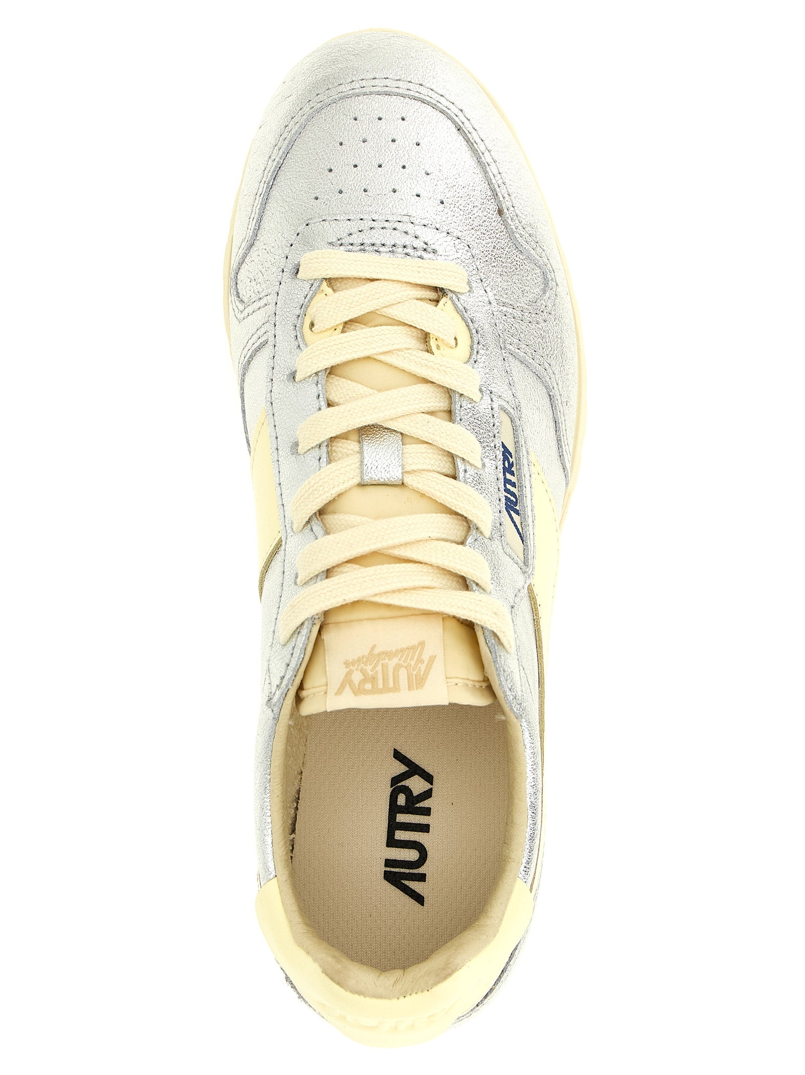 Sneakers by Autry for women in nylon cotton terry & cowhide leather natural, silver & jacquard features a chic design, perfectly showcasing the chic low-top style of this Women's Low Top Nylon Cotton Terry & Cowhide Leather Sneakers.