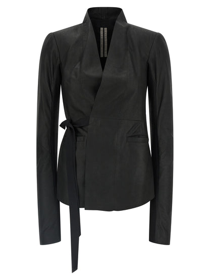 Jacket by Rick Owens for women in lamb leather black & natural features a smart silhouette, perfectly accentuated by its unique v-neck neckline and functional pockets for a smart finish.