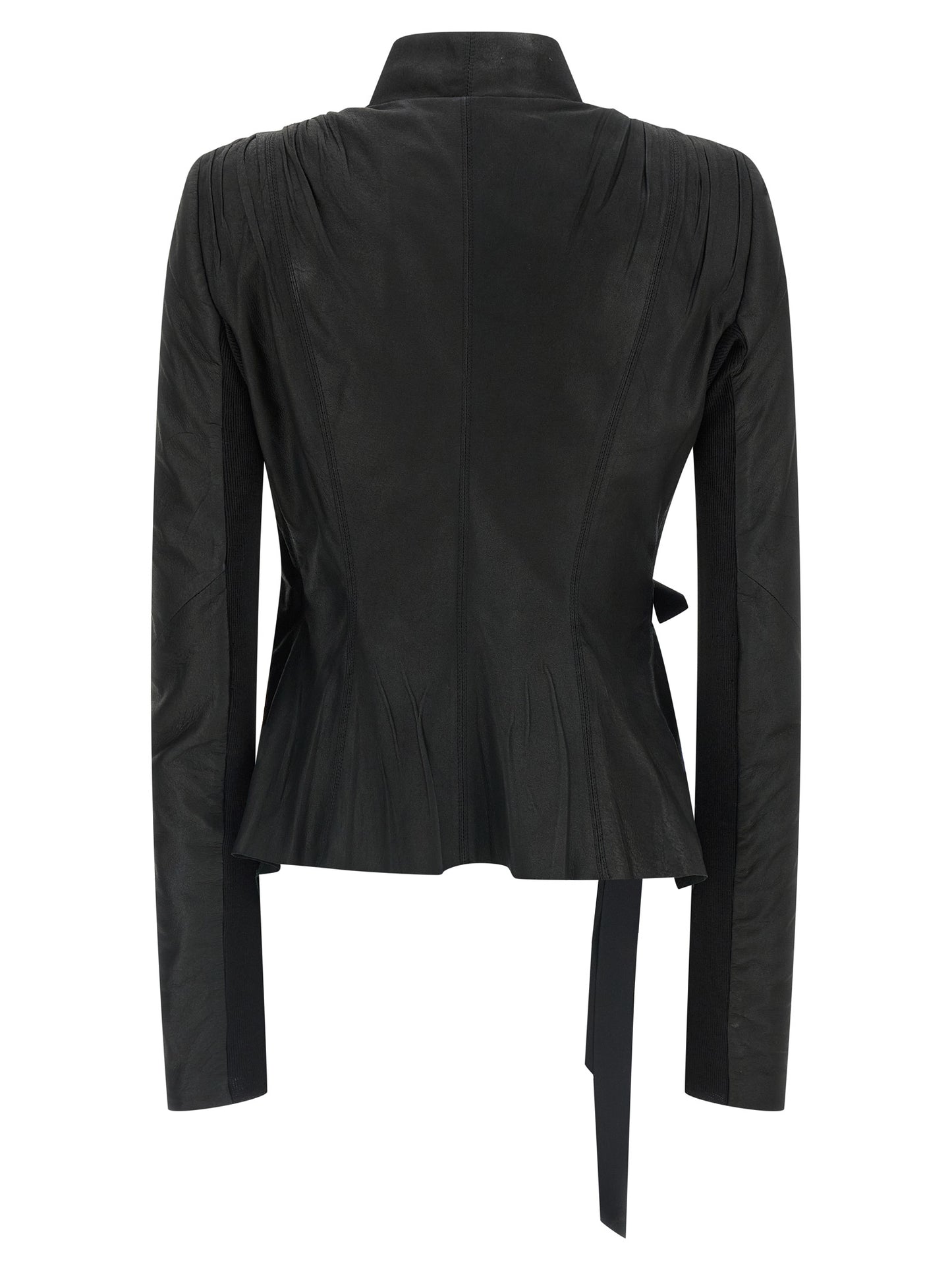 Jacket by Rick Owens for women in lamb leather black & natural features an utilitarian silhouette with a refined v-neck neckline, showcasing sophisticated pockets for an utilitarian aesthetic.