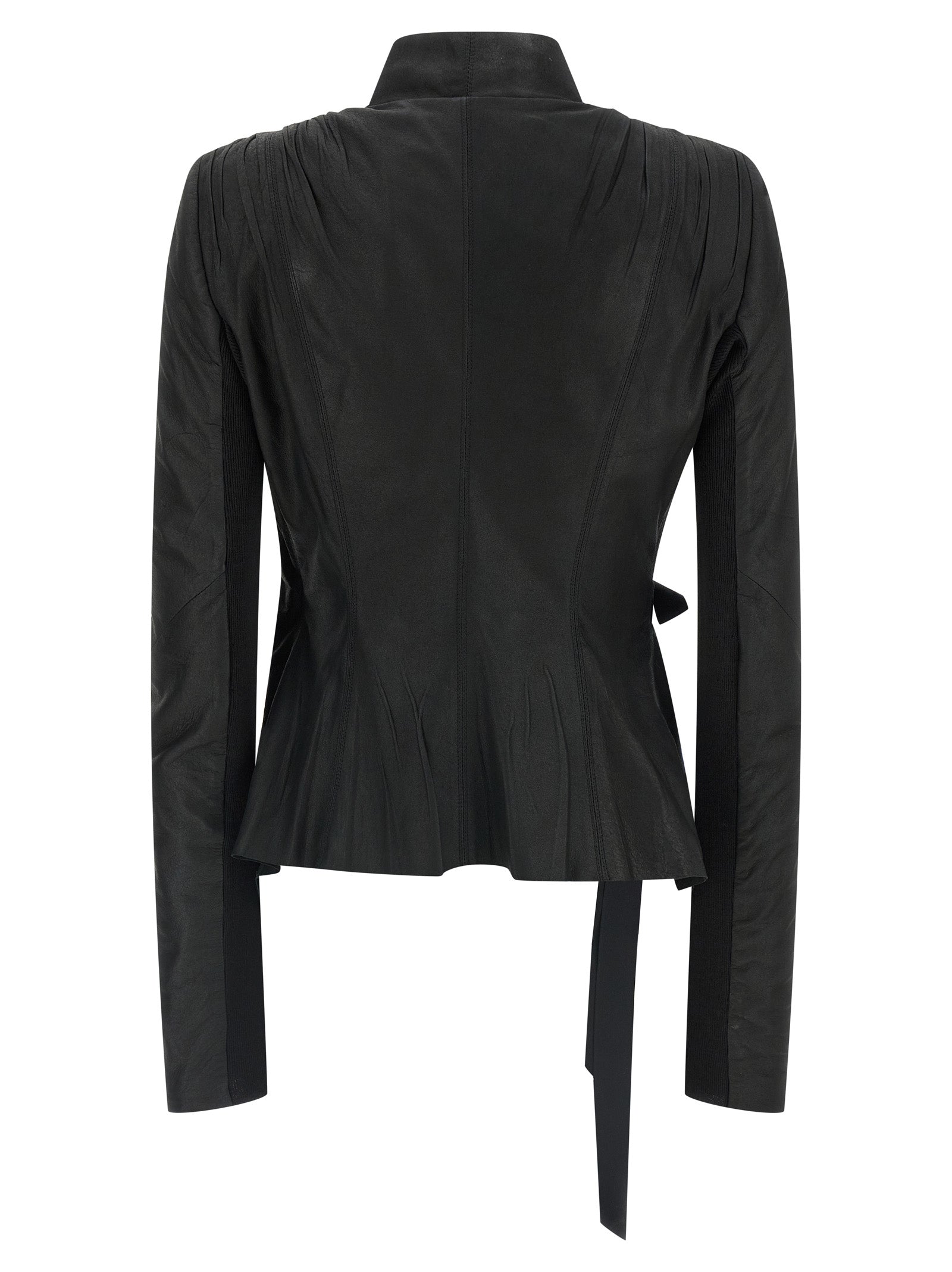 Jacket by Rick Owens for women in lamb leather black & natural features an utilitarian silhouette with a refined v-neck neckline, showcasing sophisticated pockets for an utilitarian aesthetic.