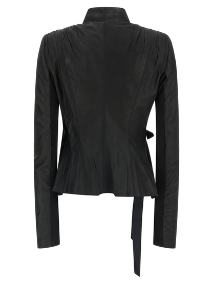Jacket by Rick Owens for women in lamb leather black & natural features an utilitarian silhouette with a refined v-neck neckline, showcasing sophisticated pockets for an utilitarian aesthetic.