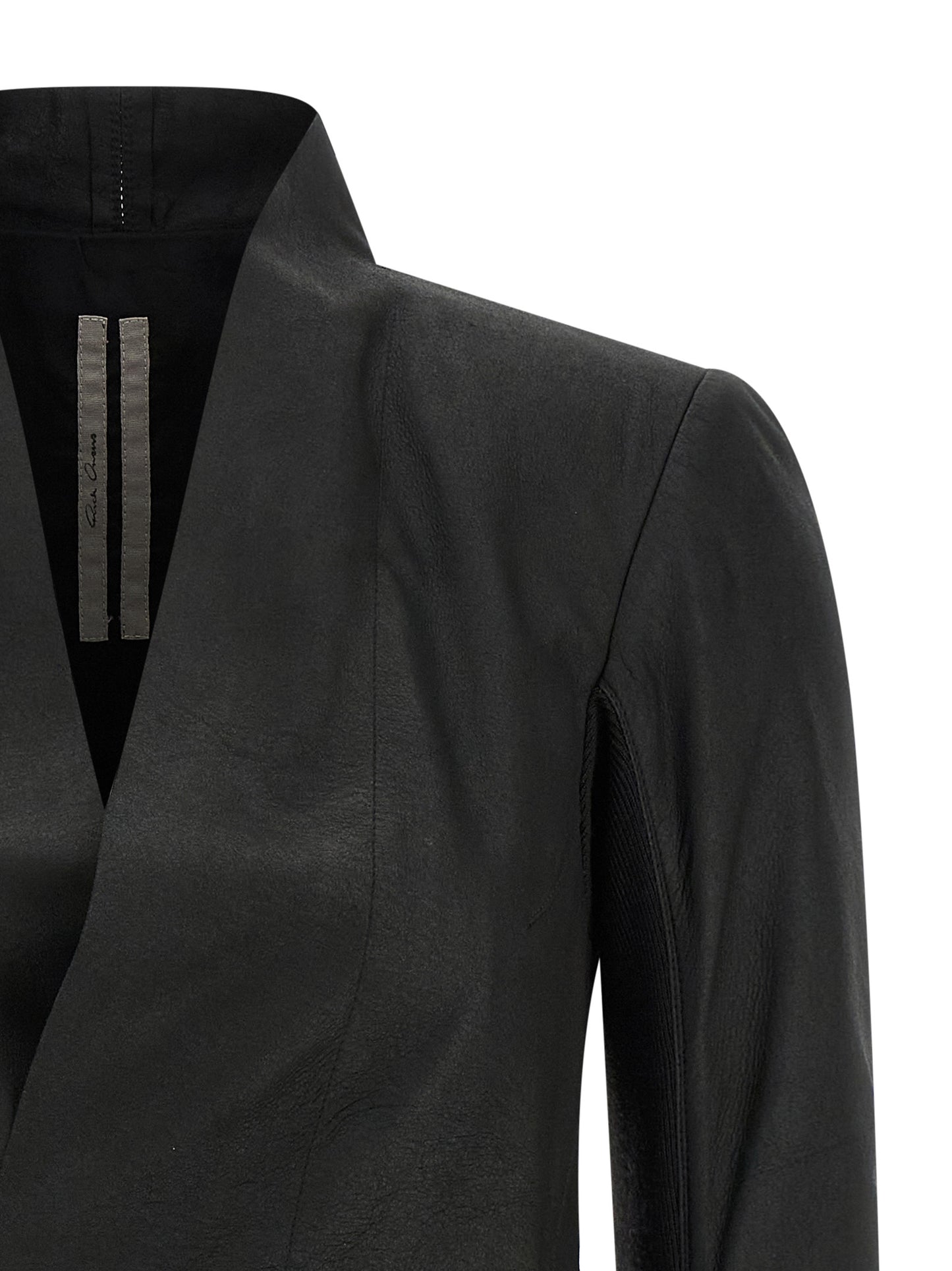Jacket by Rick Owens for women in lamb leather black & natural showcases a contemporary silhouette, detailed with a contemporary v-neck neckline and premium pockets for a sophisticated finish.