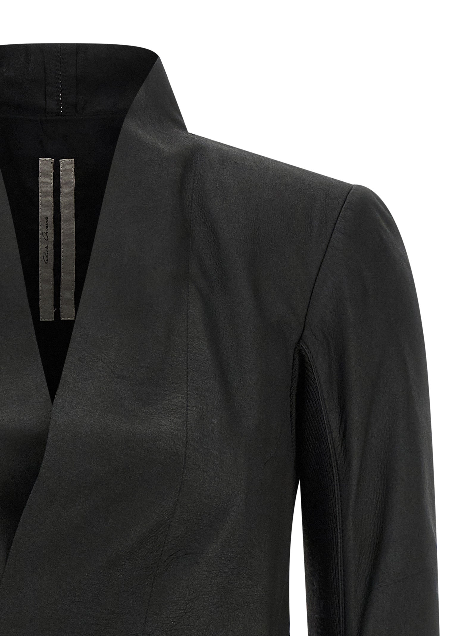 Jacket by Rick Owens for women in lamb leather black & natural showcases a contemporary silhouette, detailed with a contemporary v-neck neckline and premium pockets for a sophisticated finish.
