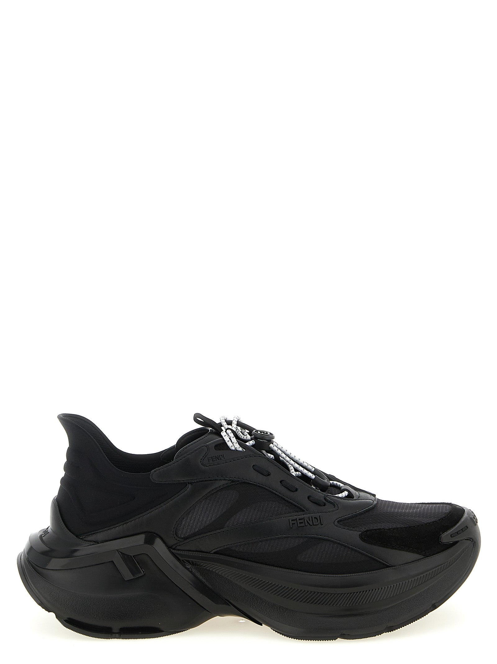 Athletic Sneakers by Fendi for women in suede calfskin leather black & patterned showcases a architectural silhouette, artfully capturing the essence of the Women's Chunky Suede Calfskin Leather Athletic Sneakers with its signature architectural chunky style construction.