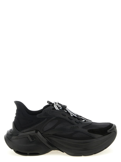 Athletic Sneakers by Fendi for women in suede calfskin leather black & patterned showcases a architectural silhouette, artfully capturing the essence of the Women's Chunky Suede Calfskin Leather Athletic Sneakers with its signature architectural chunky style construction.