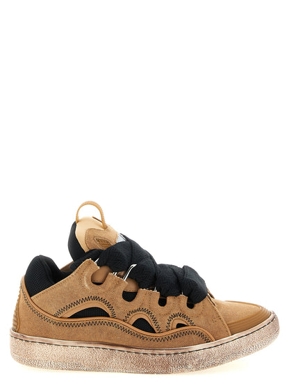 Sneakers by Lanvin for men in calf leather & cotton canvas brown & herringbone presents a on trend silhouette from the Icons Men's Chunky Calf Leather & Cotton Canvas Sneakers collection, showcasing a on trend chunky style for an elevated aesthetic.