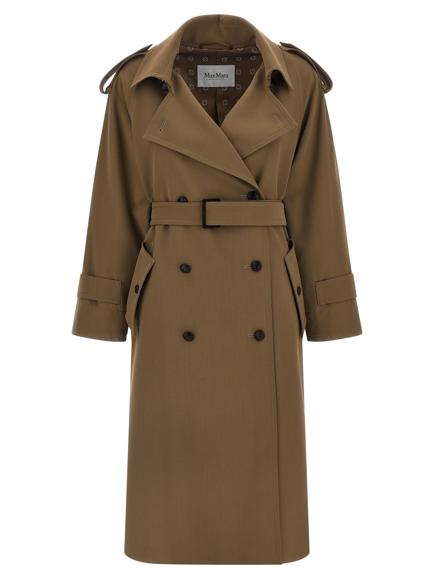 Trench Coat by Max Mara for women in virgin wool brown features an dramatic silhouette, perfectly showcasing the elegant split shirt-collar neckline and sophisticated water-resistant for a truly dramatic aesthetic.